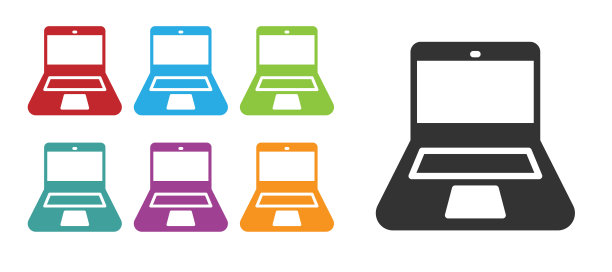 黑色笔记本电脑图标孤立在白色背景。电脑笔记本屏幕空白。设置彩色图标。向量图片下载