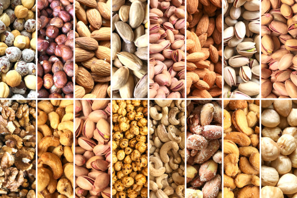 图片拼贴与健康的有机混合坚果。健康新鲜食物背景收藏。图片下载