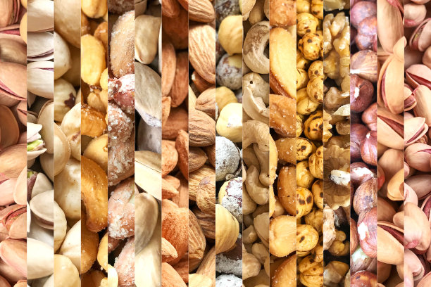 图片拼贴与健康的有机混合坚果。健康新鲜食物背景收藏。图片下载