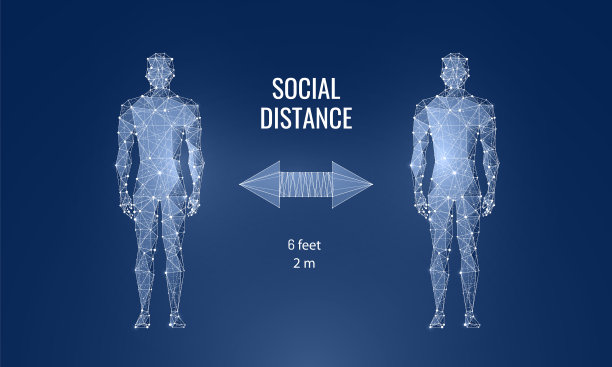 社会距离在未来多边形线框风格的蓝色背景。人与人之间的距离在6英尺或2米矢量插图。预防COVID-19病毒传播的预防措施图片下载