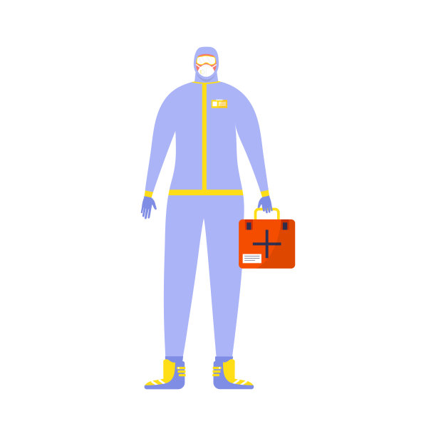 穿着防护服和口罩的人拿着急救箱和消毒物体。医护人员穿着安全制服，戴着呼吸器和防护服。矢量医生隔离白色。图片下载