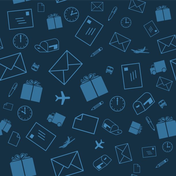 无缝的背景。邮寄主题:信封、邮箱、飞机、送货卡车、包裹、信件、圆珠笔和铅笔。图片下载
