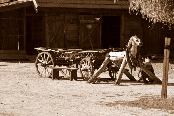 这是波兰乡村夏日里的一张古色古色的照片，照片上是一辆用木头、木板和木板做成的仿马或小马的木制马车图片下载