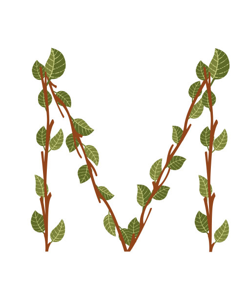 字母M棕色树枝与绿色树叶生态字体平面矢量插图孤立在白色背景图片下载