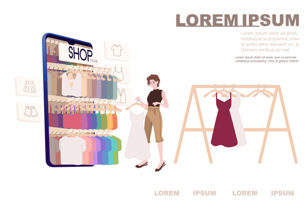 广告横幅传单设计女人选择衣服购买网上服装店智能手机上的现代商店应用程序白色背景上的平面矢量插图图片下载