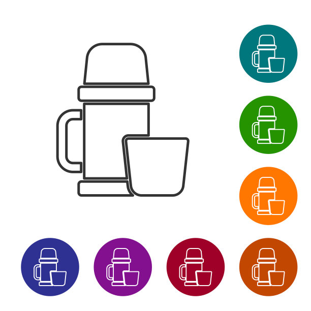 黑线热水瓶容器和杯子图标隔离图片下载