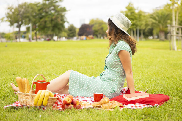漂亮的年轻女子在野餐图片下载