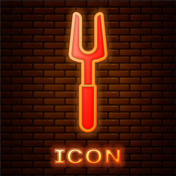 发光的霓虹灯烧烤叉图标孤立在砖块上图片下载