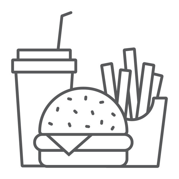 汉堡，薯条和苏打水，瘦线快餐图标图片下载
