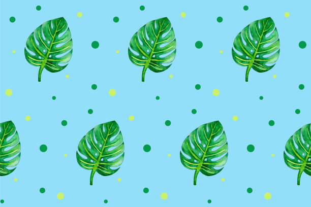绿色叶子在蓝色板上的无缝图案。蓬莱蕉插图。手绘水彩画。植物印花与外来植物。创意印刷的衣服，网络，贺卡，礼品包装图片下载