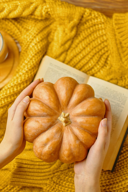 圆熟的南瓜在女人的手中，打开书和温暖的针织毛衣。图片下载