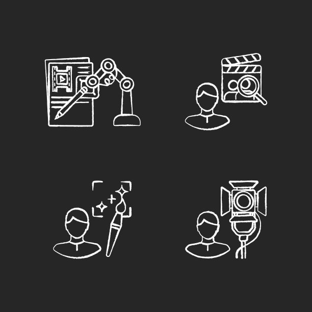 电影制作粉笔白色图标设置在黑色背景图片下载