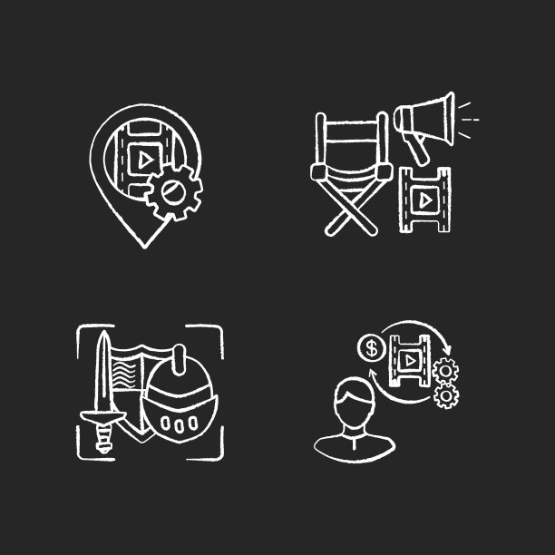 电影制作过程粉笔白色图标设置在黑色背景图片下载