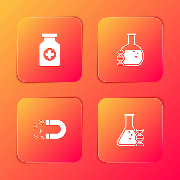 设置药瓶，DNA研究，搜索，磁铁与金钱和图标。向量图片下载
