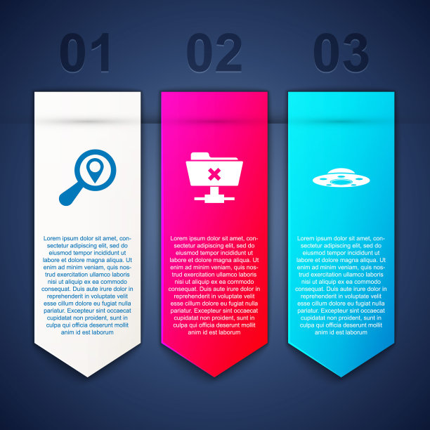 设置搜索位置，FTP取消操作和UFO飞行飞船。业务信息图模板。向量图片下载