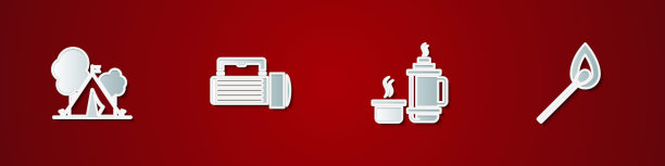 设置旅游帐篷旗，手电筒，热水瓶容器和燃烧火柴火图标。向量图片下载