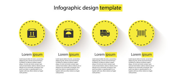 设置纸板箱与交通，快递包裹伞，卡车箱和条码。业务信息模板。向量图片下载