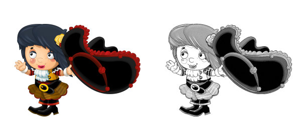 卡通素描场景与美丽的海盗女孩在白色的背景-插图图片下载