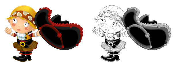 卡通素描场景与美丽的海盗女孩在白色的背景-插图图片下载