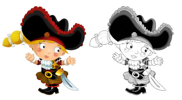 卡通素描场景与美丽的海盗女孩在白色的背景-插图图片下载