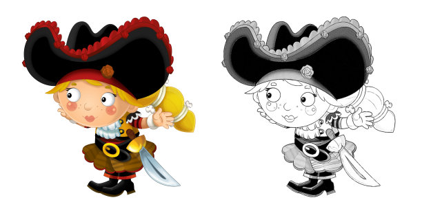 卡通素描场景与美丽的海盗女孩在白色的背景-插图图片下载