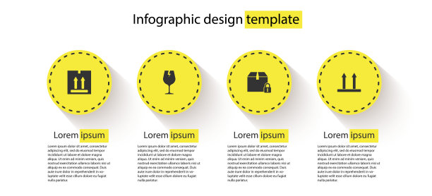 设置纸箱与交通，易碎玻璃，锁包装和此面朝上。业务信息模板。向量图片下载