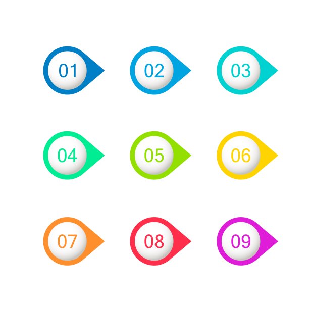彩色的数字点。数字从1到9的圆。向量图片下载