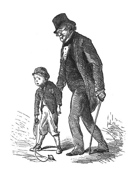 古董插图-男人牵着一个邋遢的小男孩的胳膊图片下载