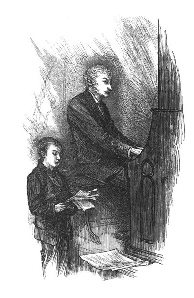 古董插图-一个人演奏管风琴和一个小男孩在他旁边唱赞美诗图片下载