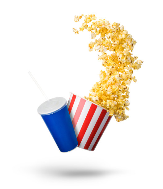 纸条纹桶爆米花和杯软饮料隔离在白色图片下载