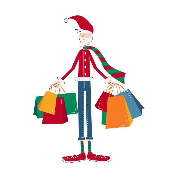 又瘦又高的现代圣诞老人拿着圣诞礼物。图片下载
