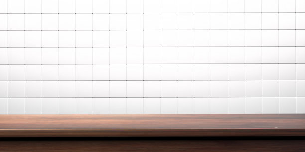空的木质桌面和白色瓷砖墙背景，图片下载