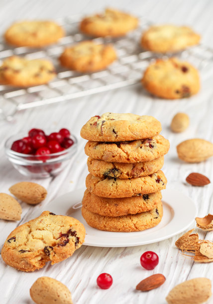 新鲜烘焙的自制圣诞小甜饼配上蔓越莓、杏仁和白巧克力。美味的节日饼干。文化遗产。有选择性的重点图片下载