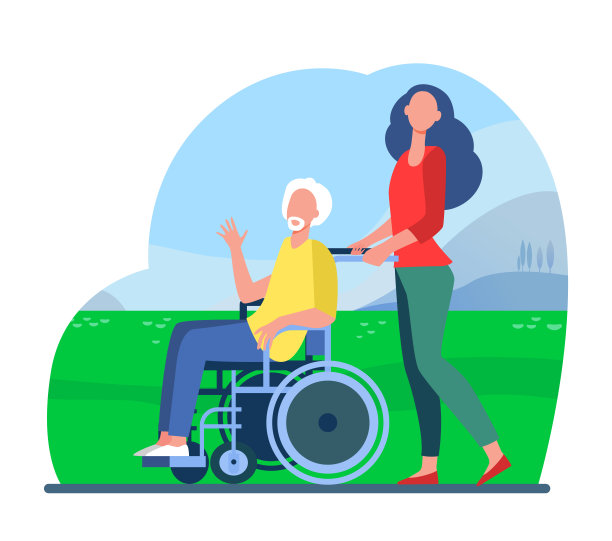 年轻的女人和年长的男人推着轮椅图片下载