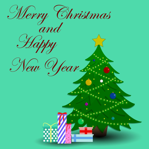 圣诞树。圣诞快乐，恭贺新禧。贺卡。文本、签名。礼物在树下。矢量图图片下载