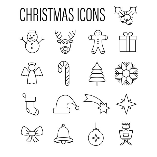圣诞线图标设置向量。假日季节的轮廓符号。礼物，雪人，树，袜子，雪，鹿，天使，铃铛，糖果，圣诞老人，饼干，星星，摇篮孤立在白色的背景图片下载