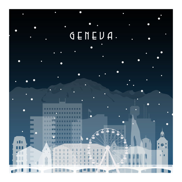 日内瓦的冬夜。夜间城市在平面风格的横幅，海报，插图，背景。图片下载