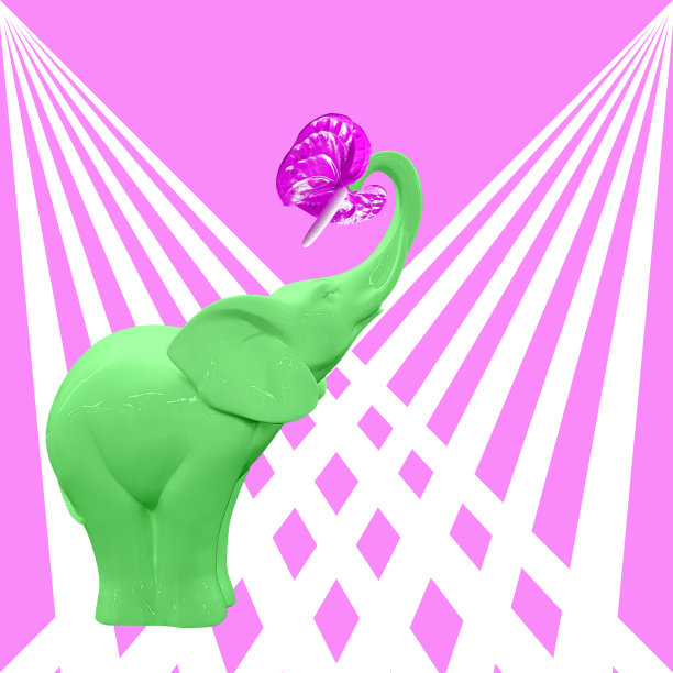 当代拼贴。一头绿色的大象，鼻子上有粉红色的花，粉红色的背景上有白色的条纹。动物、节日、爱情的概念。图片下载