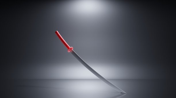 一个红色的日本武士刀在浅灰色的背景的3d渲染插图。用于横幅、邀请、卡片和广告使用图片下载