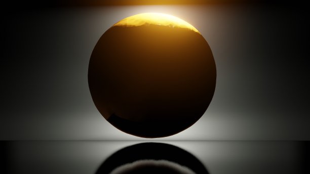 一个金属金色的球和一个在深灰色背景下发光的球体的3d渲染插图。用于横幅、邀请、卡片和广告使用图片下载