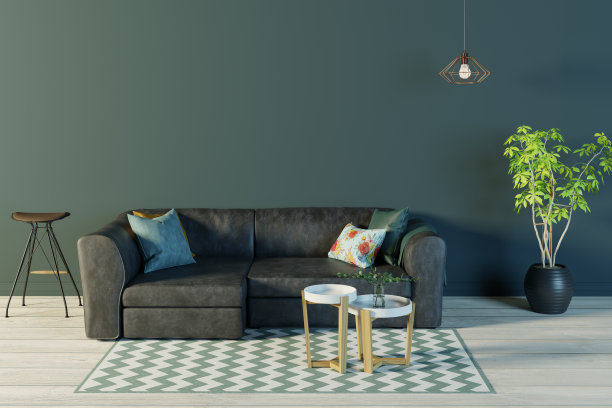 深色墙壁的客厅和黑色真皮沙发3d插图图片下载