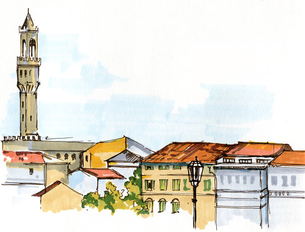 手绘草图佛罗伦萨路堤，马克笔和线条插图图片下载