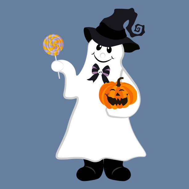 可爱的幽灵万圣节派对服装与南瓜插图图片下载