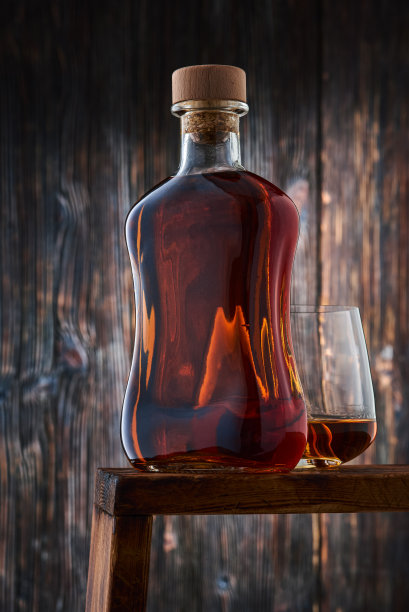一满瓶威士忌，有木塞子，柜台上放着一个方形玻璃杯，里面放着一部分威士忌，背景是一堵古老的木墙。图片下载