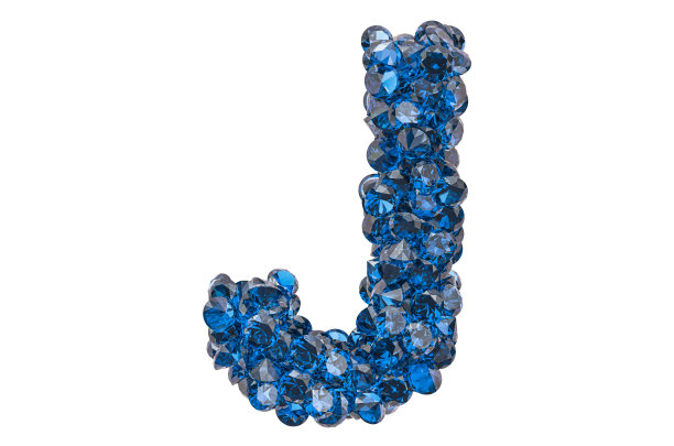字母J由蓝色钻石或蓝宝石切割而成。3D渲染孤立的白色背景图片下载