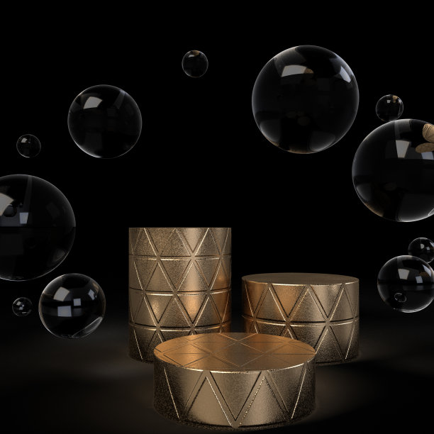 抽象的最小场景与金色圆柱体平台在黑色的背景。三维渲染图片下载