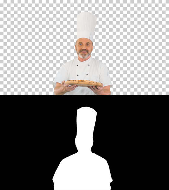 有魅力的厨师手里拿着披萨，一边走一边和小卡说话图片下载