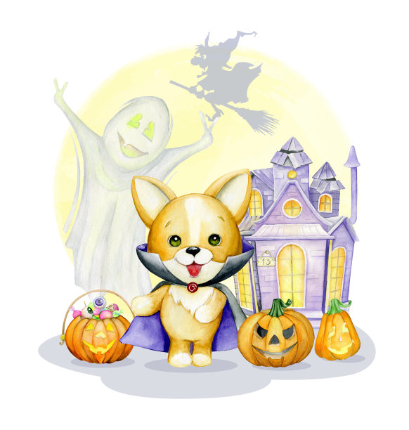 穿着德古拉服装的狗，南瓜，房子，幽灵，糖果。水彩剪辑艺术，在卡通风格，为万圣节派对。图片下载