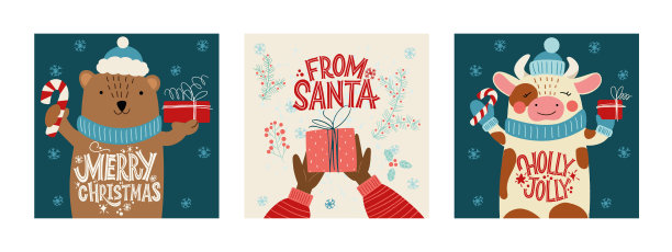 节日圣诞贺卡矢量模板集。圣诞快乐和新年快乐的贺卡套装与书法。现代手写字体。图片下载
