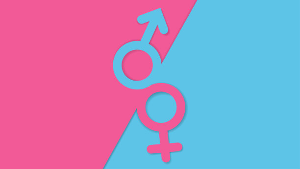 粉红色和蓝色背景上重叠的男女性别符号纸艺术图片下载